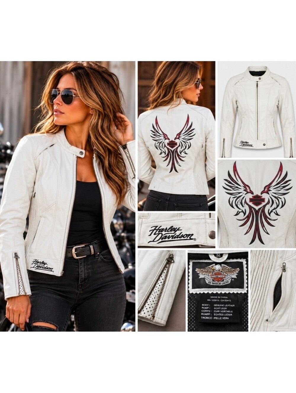 Harley-Davidson Women’s M White Genuine Leather Motorcycle Jacket Eagle Wings